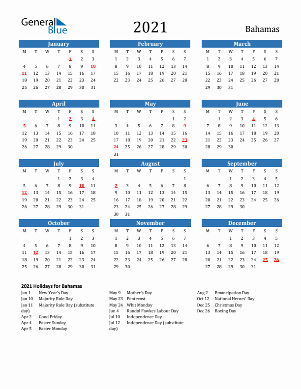 Bahamas 2021 Calendar with Holidays