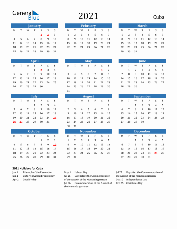 Cuba 2021 Calendar with Holidays