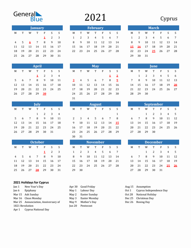 Cyprus 2021 Calendar with Holidays