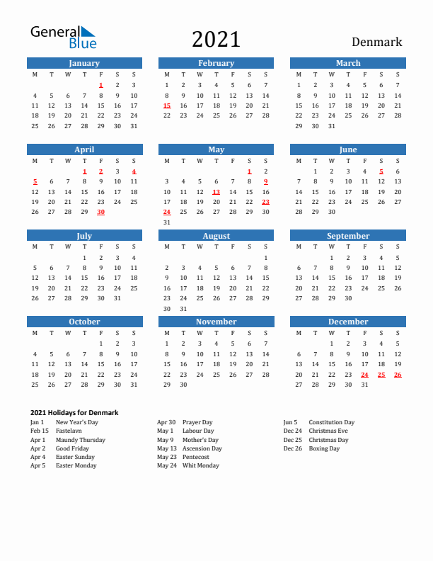 Denmark 2021 Calendar with Holidays