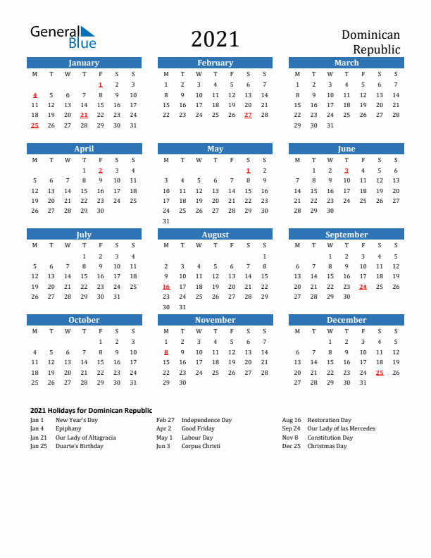 Dominican Republic 2021 Calendar with Holidays