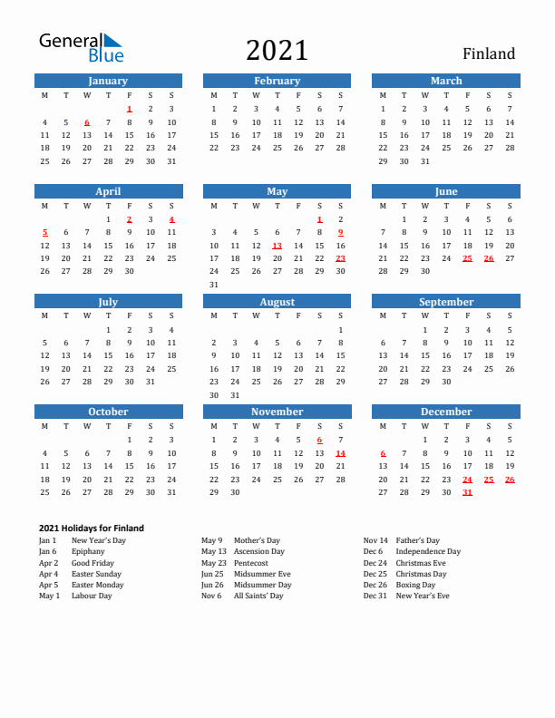 Finland 2021 Calendar with Holidays