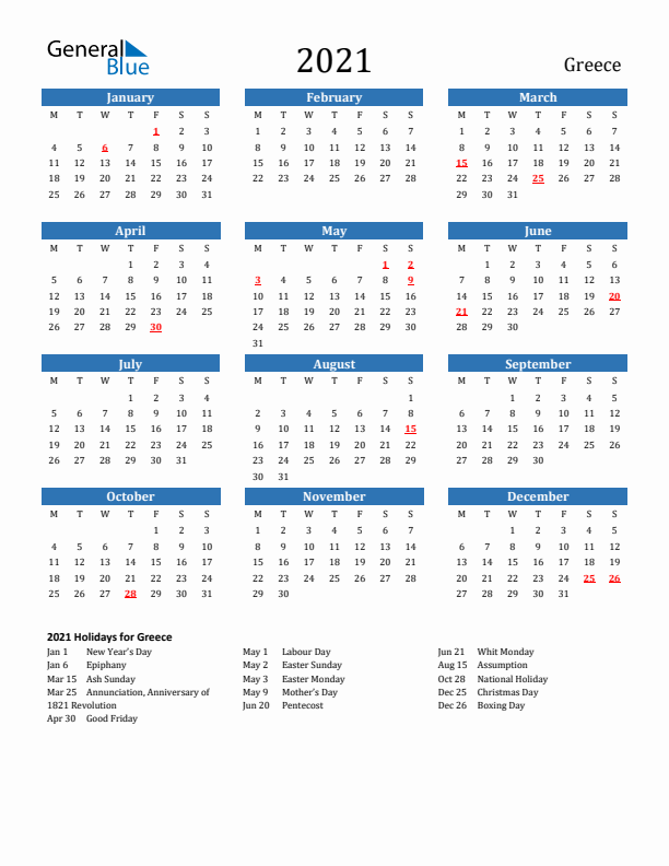 Greece 2021 Calendar with Holidays