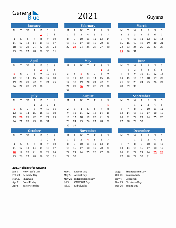 Guyana 2021 Calendar with Holidays