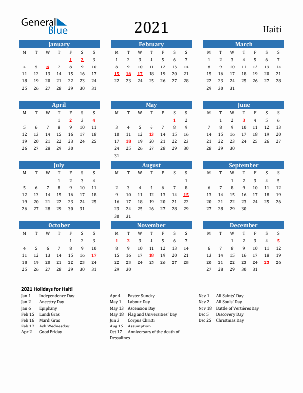 Haiti 2021 Calendar with Holidays