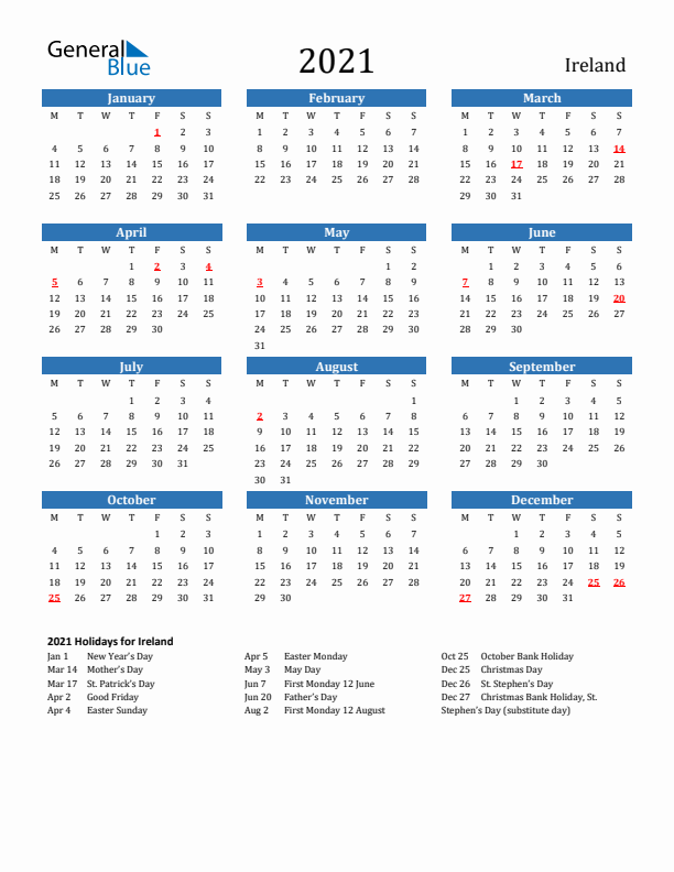 Ireland 2021 Calendar with Holidays