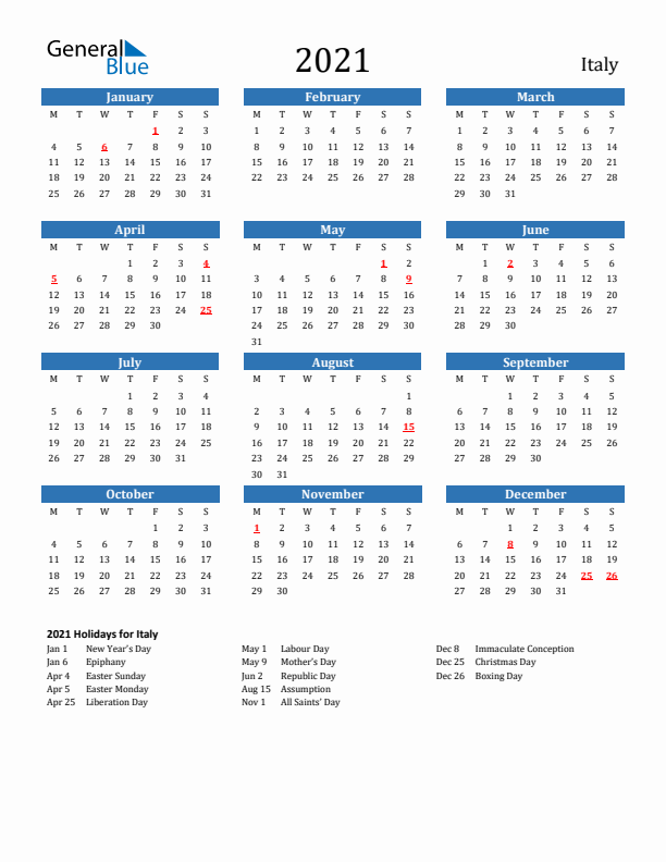 Italy 2021 Calendar with Holidays