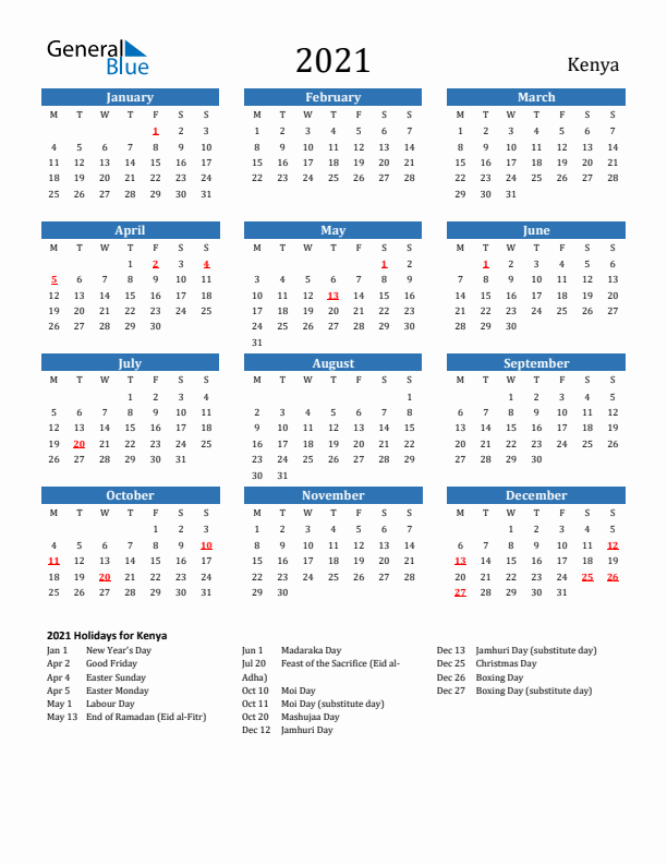 Kenya 2021 Calendar with Holidays