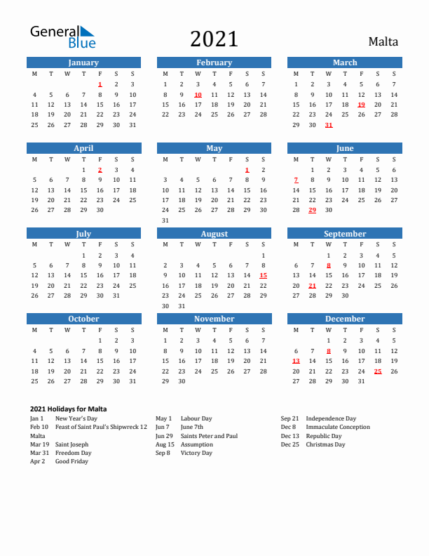 Malta 2021 Calendar with Holidays