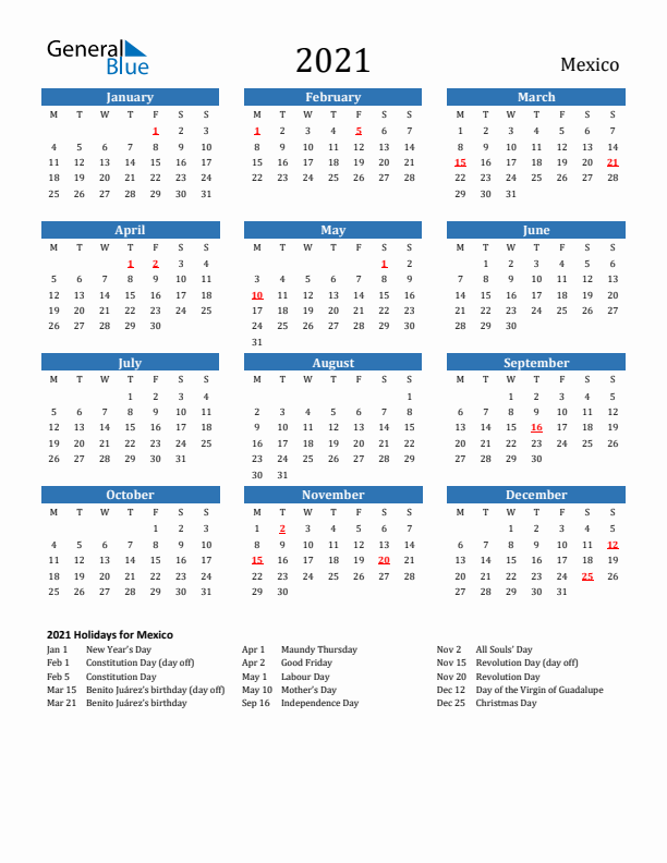 Mexico 2021 Calendar with Holidays