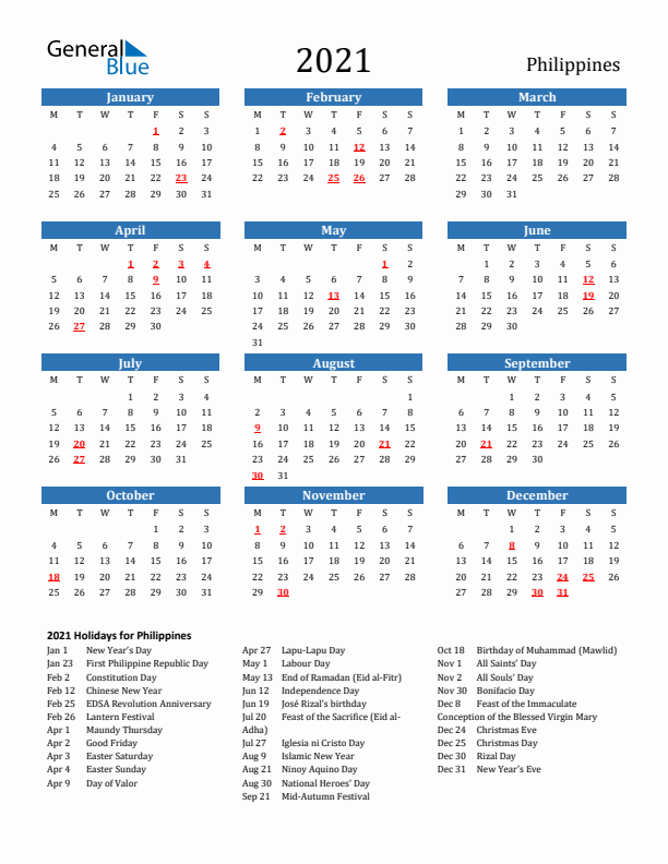 Philippines 2021 Calendar with Holidays