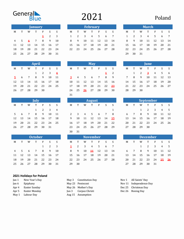 Poland 2021 Calendar with Holidays