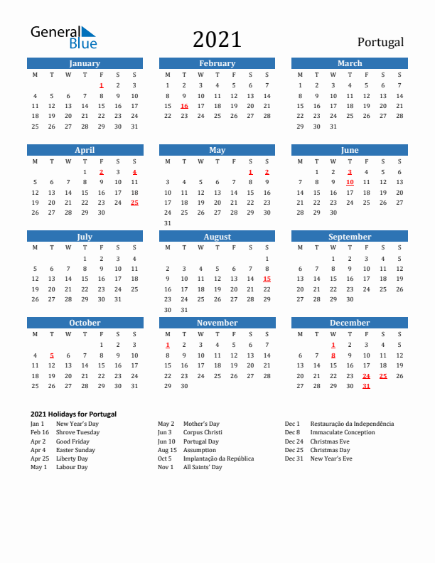 Portugal 2021 Calendar with Holidays