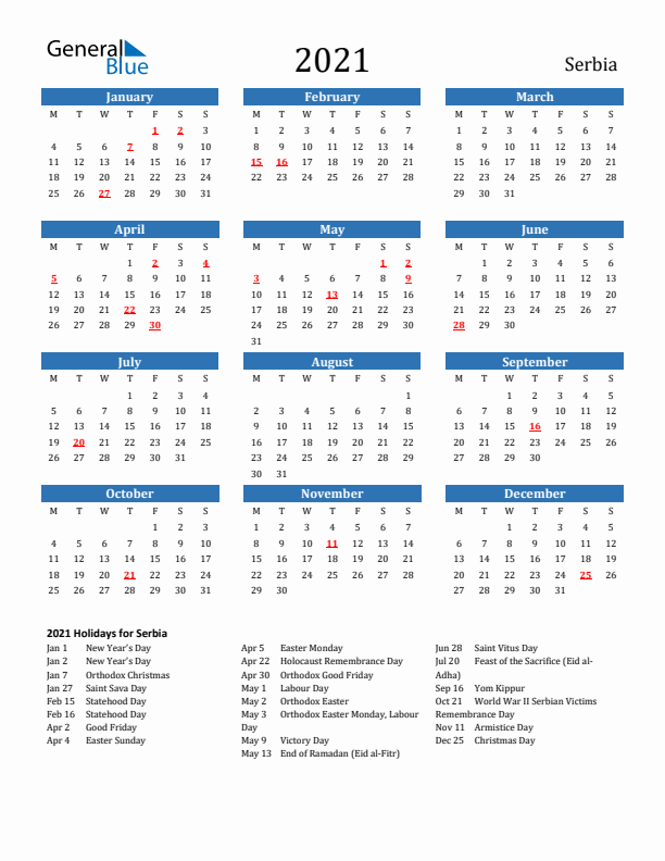 Serbia 2021 Calendar with Holidays