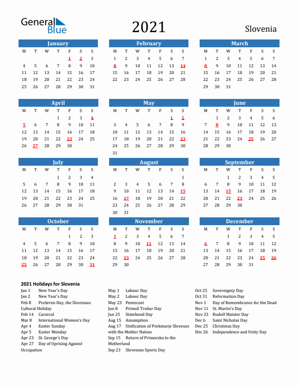 Slovenia 2021 Calendar with Holidays