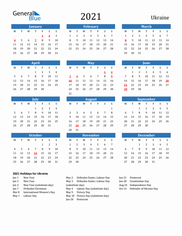 Ukraine 2021 Calendar with Holidays