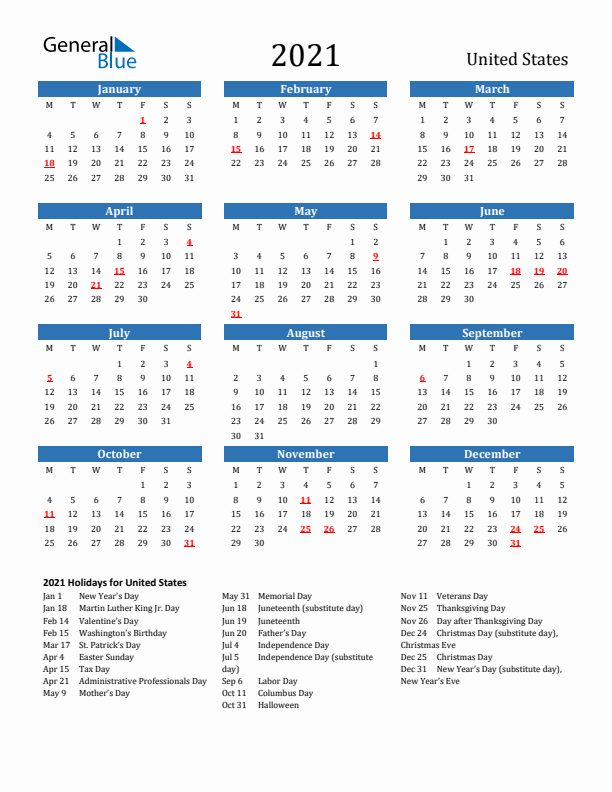 United States 2021 Calendar with Holidays