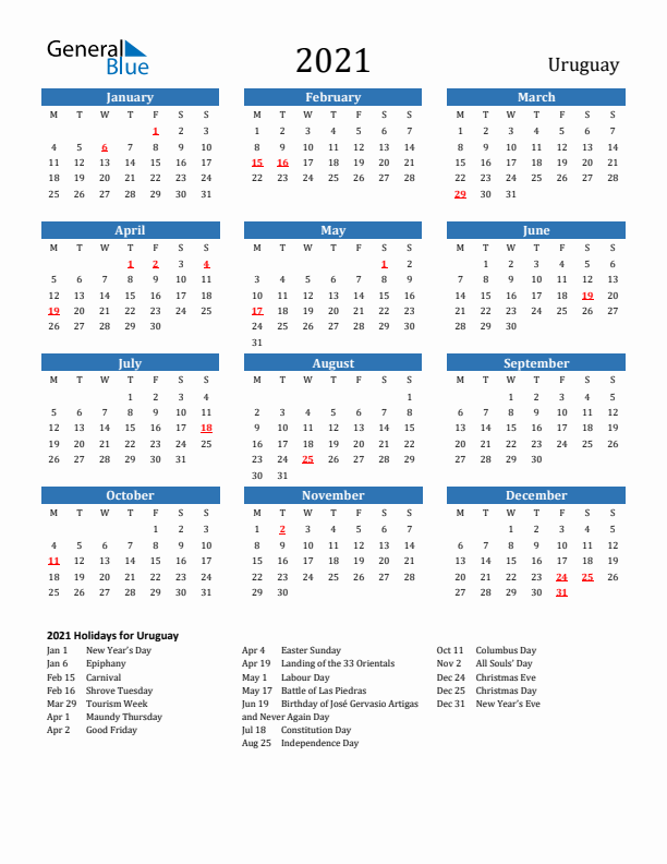 Uruguay 2021 Calendar with Holidays