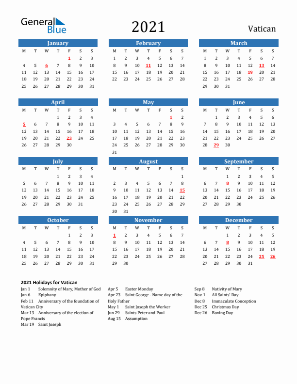 Vatican 2021 Calendar with Holidays