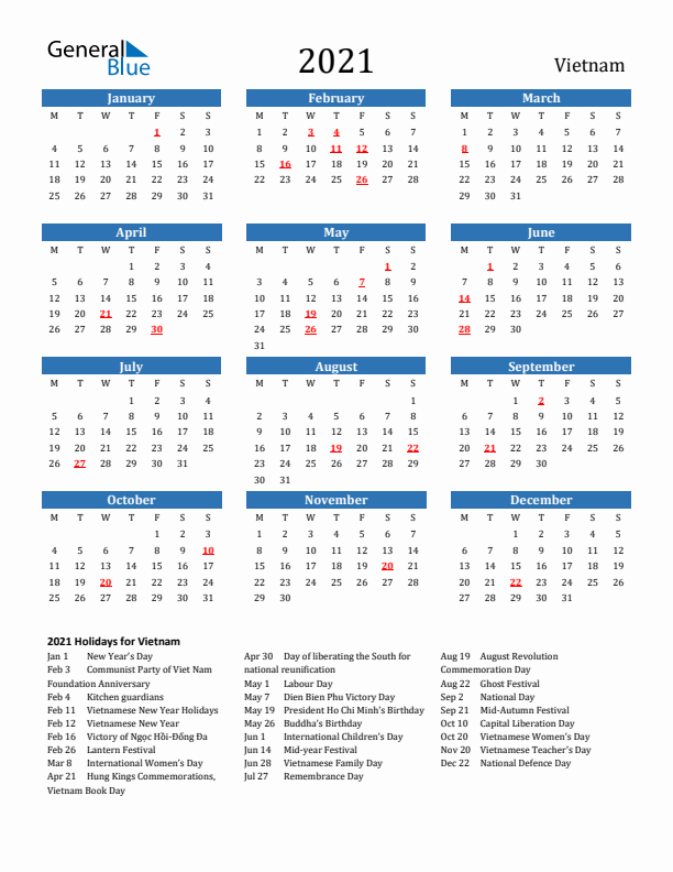 Vietnam 2021 Calendar with Holidays