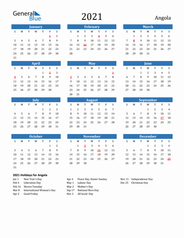 Angola 2021 Calendar with Holidays