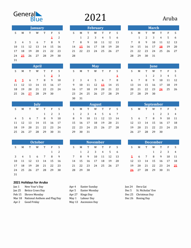 Aruba 2021 Calendar with Holidays