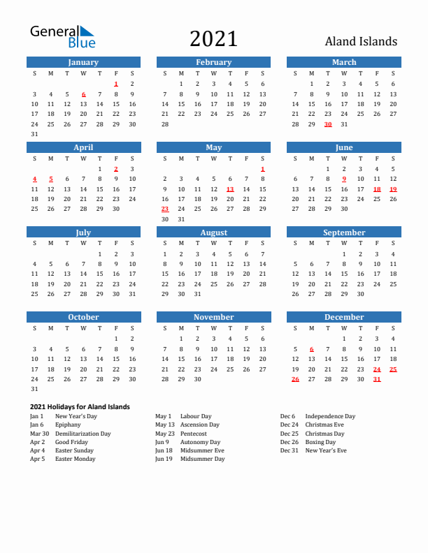 Aland Islands 2021 Calendar with Holidays