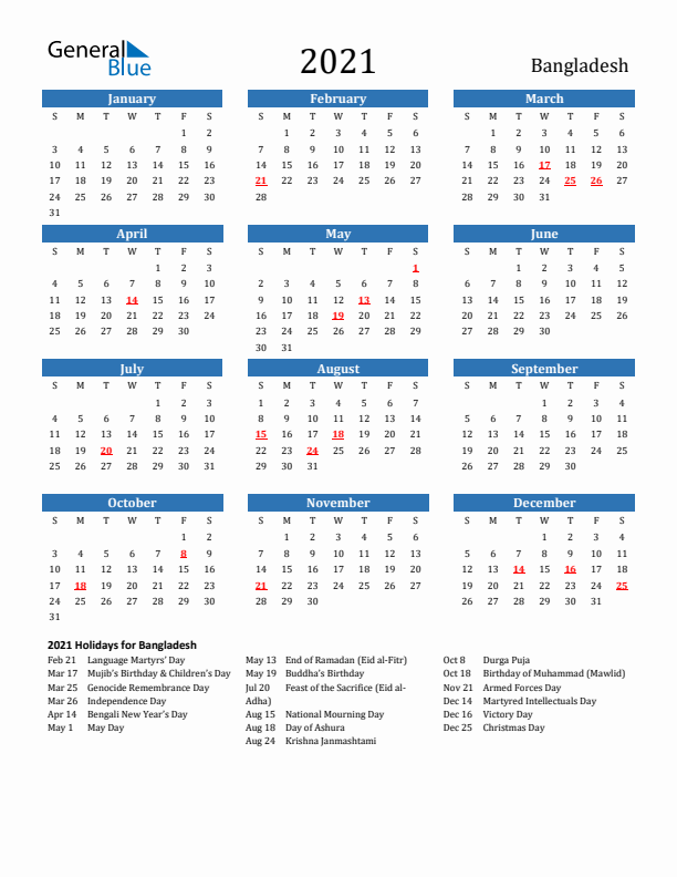 Bangladesh 2021 Calendar with Holidays