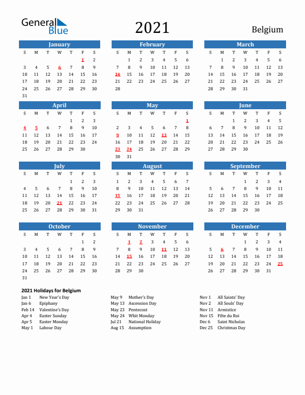 Belgium 2021 Calendar with Holidays