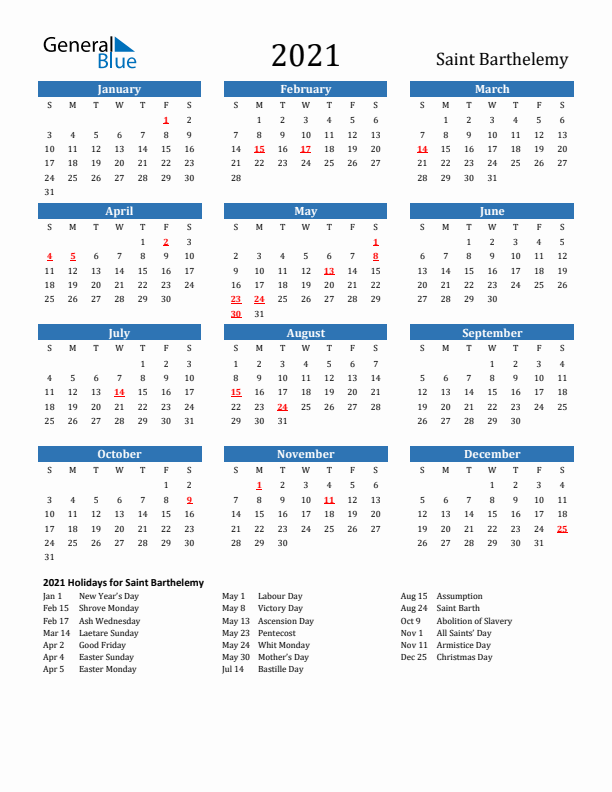 Saint Barthelemy 2021 Calendar with Holidays