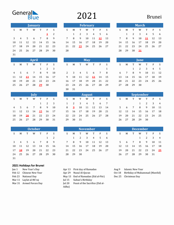 Brunei 2021 Calendar with Holidays