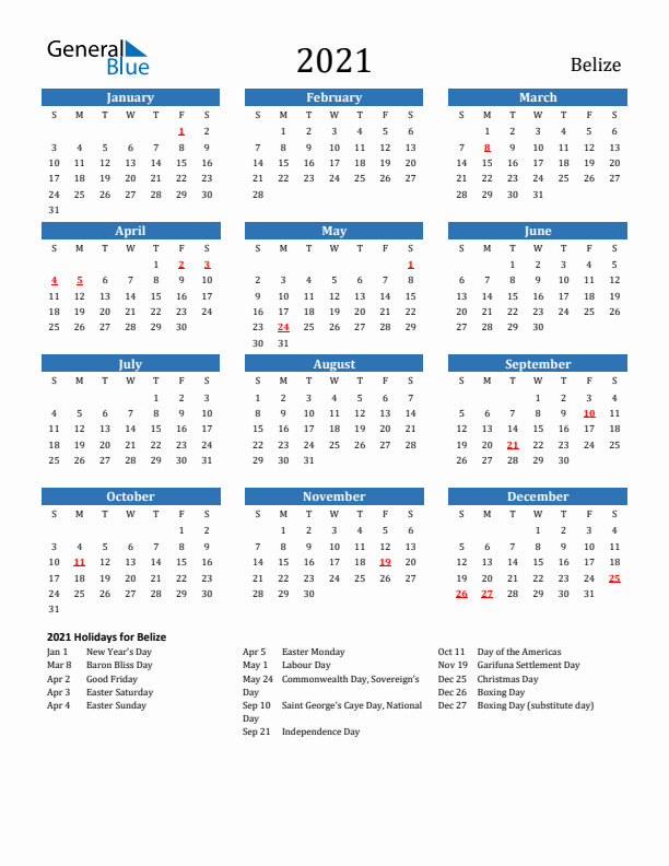 Belize 2021 Calendar with Holidays