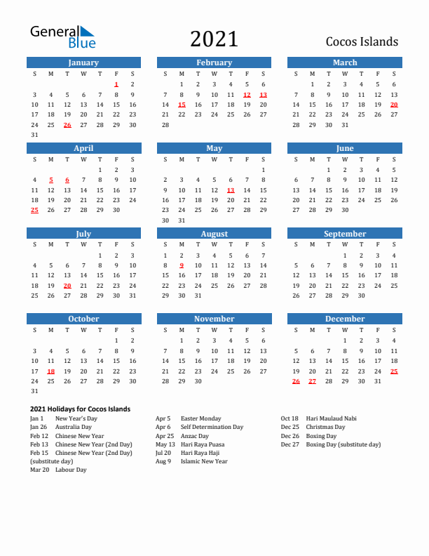 Cocos Islands 2021 Calendar with Holidays