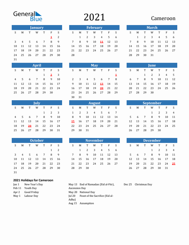 Cameroon 2021 Calendar with Holidays