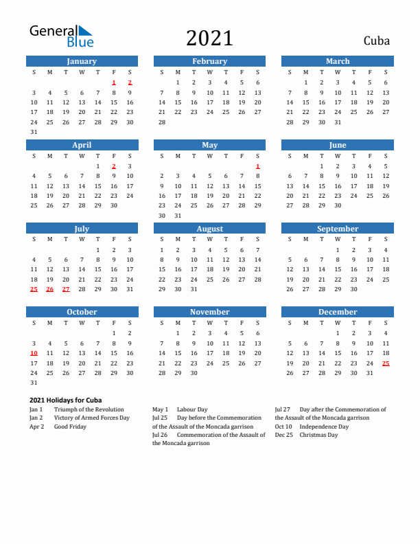 Cuba 2021 Calendar with Holidays