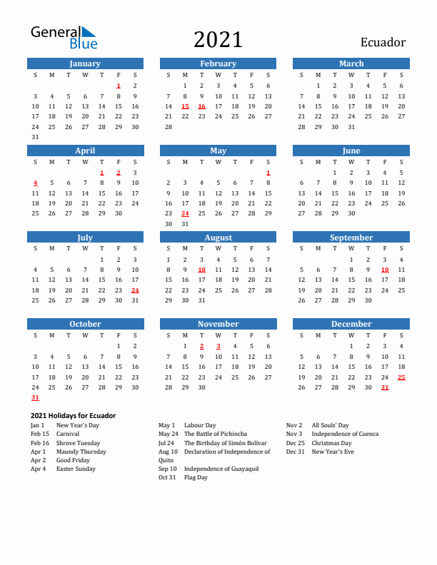 Ecuador 2021 Calendar with Holidays