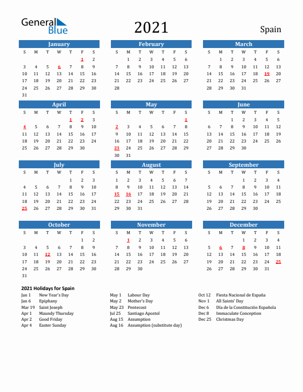 Spain 2021 Calendar with Holidays