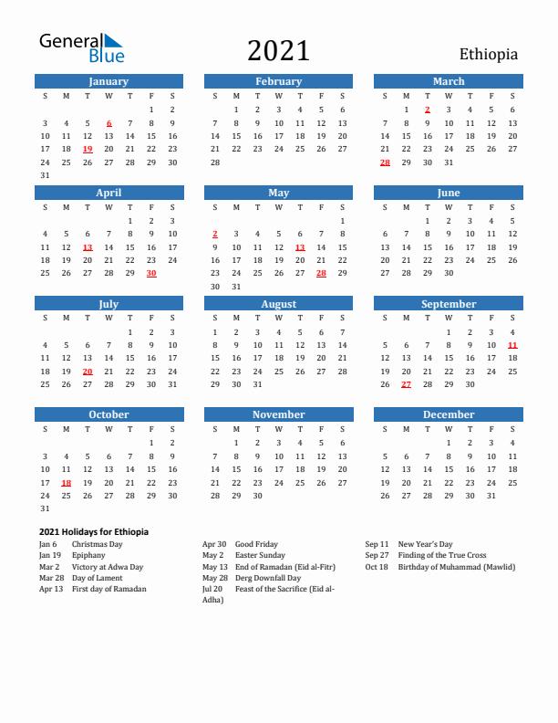 Ethiopia 2021 Calendar with Holidays