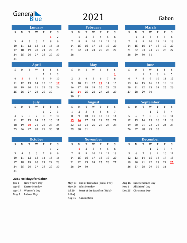 Gabon 2021 Calendar with Holidays