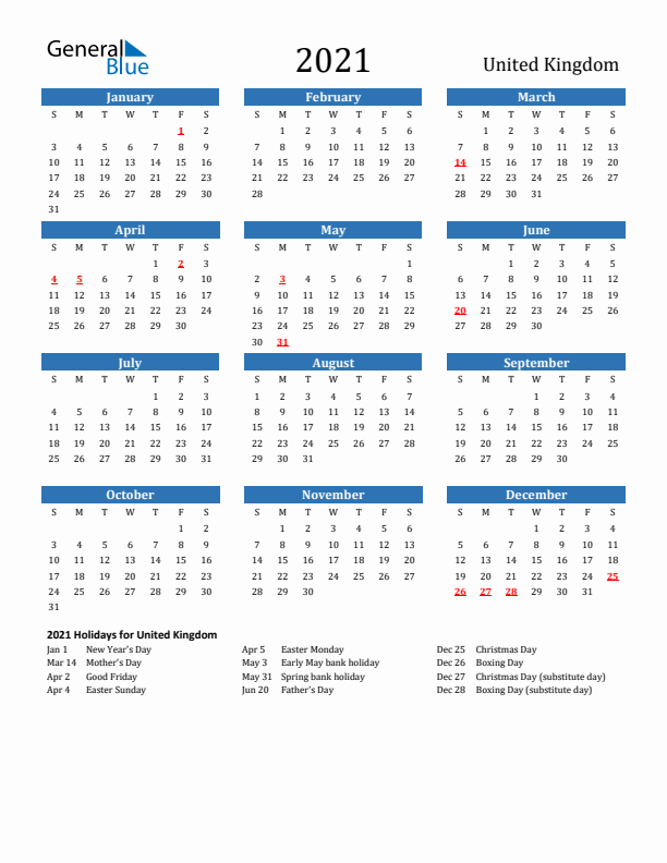 United Kingdom 2021 Calendar with Holidays