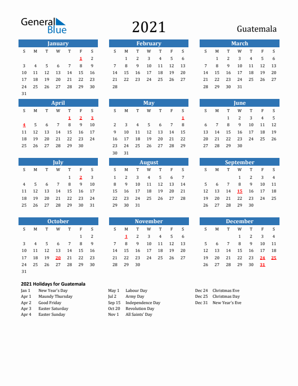 Guatemala 2021 Calendar with Holidays