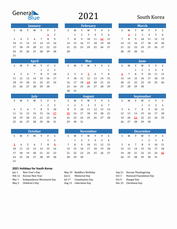 South Korea 2021 Calendar with Holidays