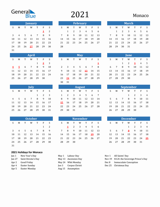 Monaco 2021 Calendar with Holidays