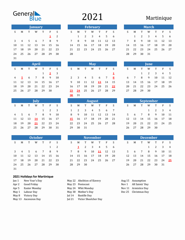 Martinique 2021 Calendar with Holidays