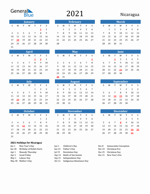 Nicaragua 2021 Calendar with Holidays