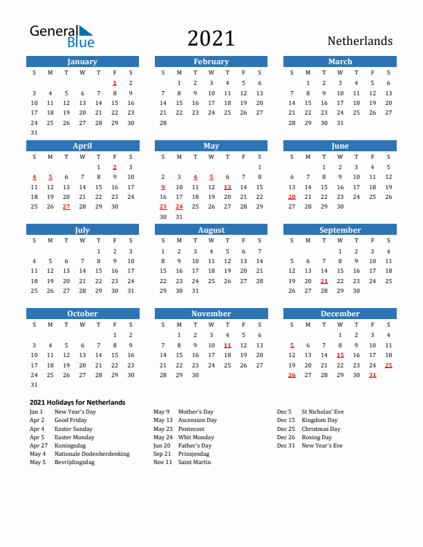 The Netherlands 2021 Calendar with Holidays