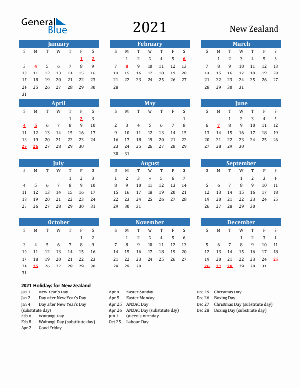 New Zealand 2021 Calendar with Holidays