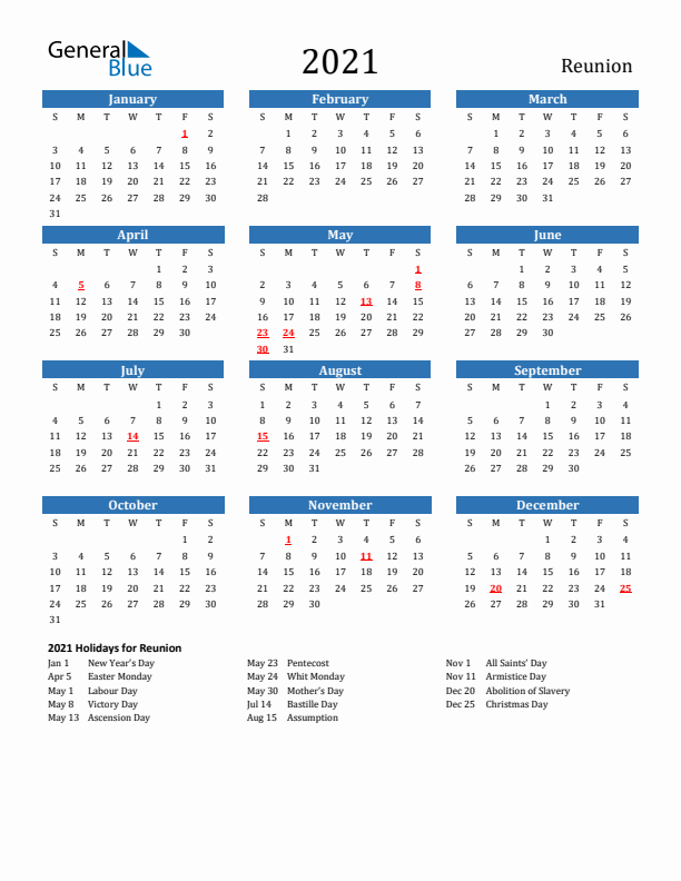 Reunion 2021 Calendar with Holidays