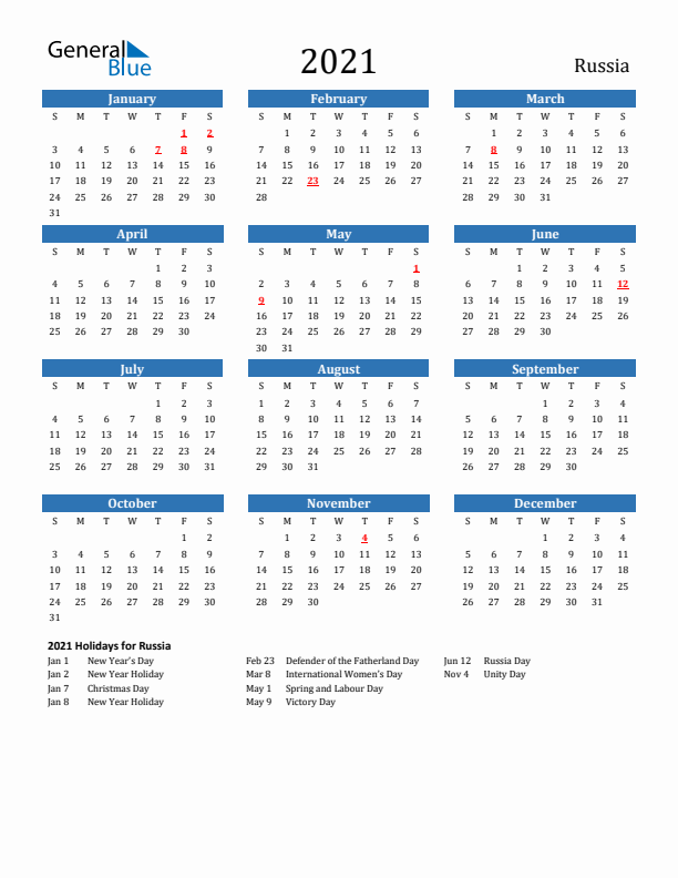 Russia 2021 Calendar with Holidays