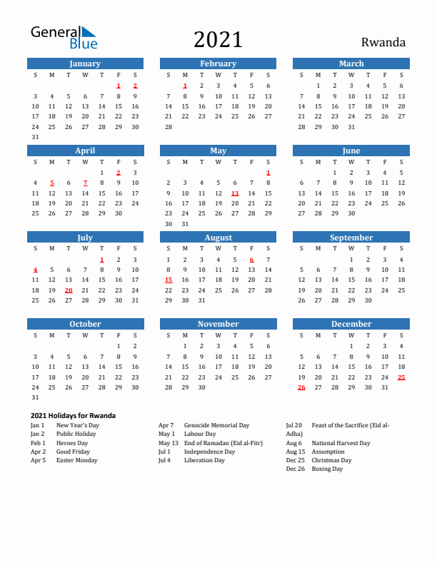 Rwanda 2021 Calendar with Holidays